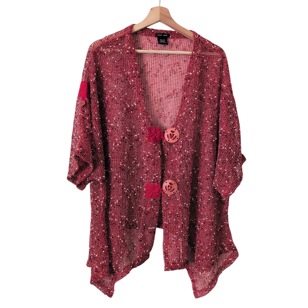 Katie Todd Red Open Knit‎ Marled Cardigan Plus Size 2X Boho Maximalist Lagenlook